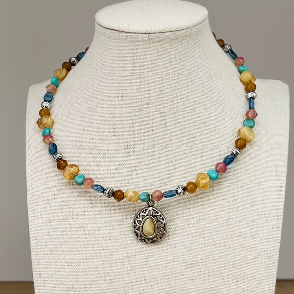 Handmade Memory Wire Choker Agate Pendant & Multicolored Beads / 90s Aesthetic - Picture 1 of 14